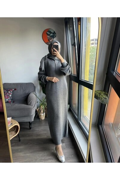 asyadabutik Φόρεμα πλεκτό με ζιβάγκο με μακριές ραβδώσεις