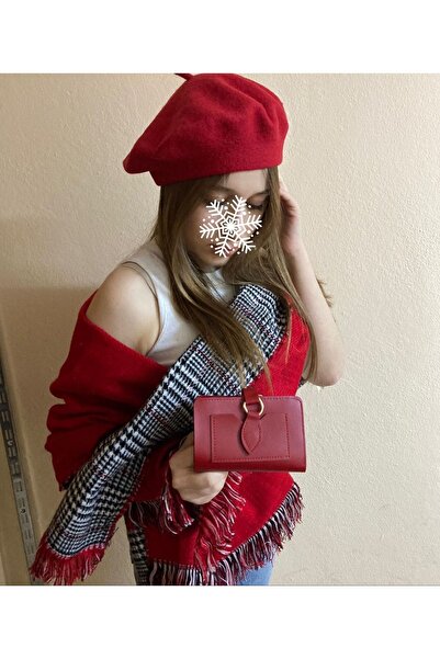 sema aksesuar Red Double Sided Plaid Shawl and Painter - Beret and Wallet Set, Mother's Day Gift
