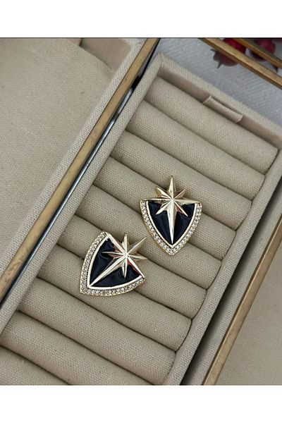 zeynep Z&D Accessory 316L Gold Brand Equivalent Steel Shield Model Polar Star Earrings