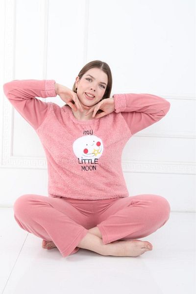 FAMES PİJAMA Winter Fleece Women's Pajama Set Wellsoft Pink Moon
