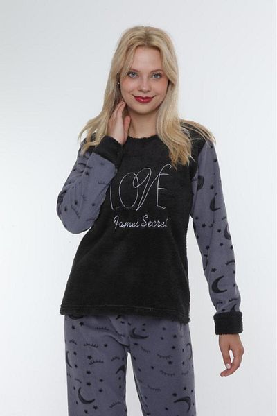 FAMES PİJAMA Winter Wellsoft Fleece Women's Pajama Set Anthracite Gray Love