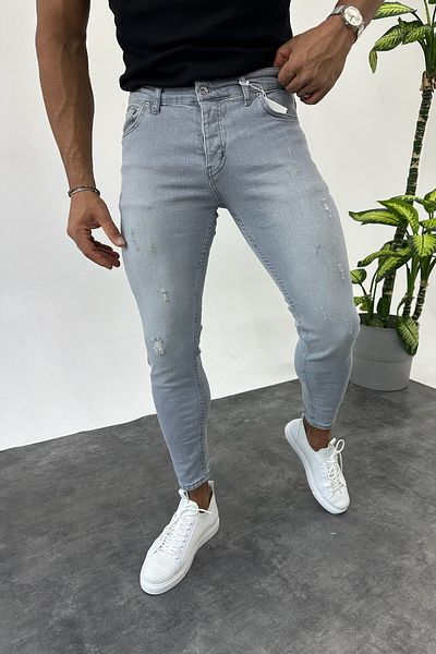 MADZEYMODA Ανδρικό τζιν τζιν με λεπτή εφαρμογή, με λεπτομέρεια γκρι