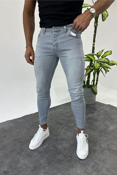 MADZEYMODA Ανδρικό τζιν τζιν με λεπτή εφαρμογή, με λεπτομέρεια γκρι
