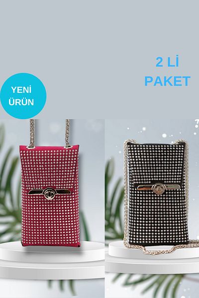 madamlina Pack of 2 New Year's New Year's Gift Women's Shiny Rhinestone Chain Shoulder Strap Phone Bag Wallet