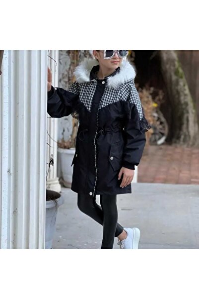 KOKOSH Kız çocuk siyah kapşonlü mont kaban