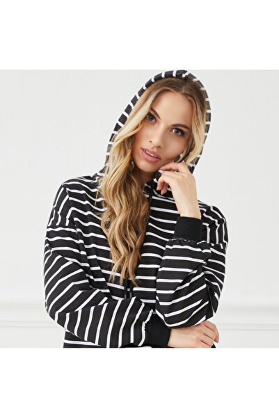 Gülfirik Tasarım Siyah Renkli Beyaz Çizgili Kapüşonlu Çizgili Kadın Sweatshirt