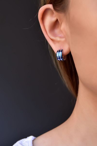 Sinsirella Steel Navy Blue Striped White Hoop Earrings
