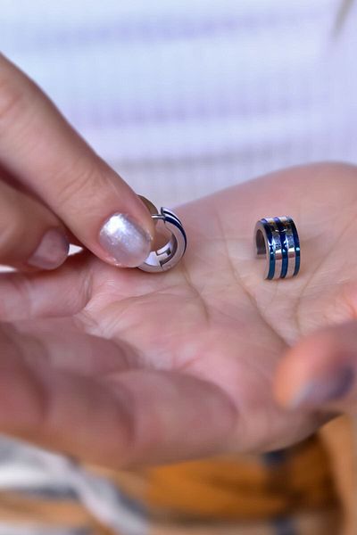 Sinsirella Steel Navy Blue Striped White Hoop Earrings