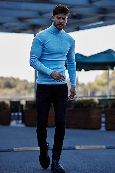 Buteks Unisex Premium Kalın Bebe Mavi Şardonlu Slim Fit Balıkçı Yaka Boğazlı Kazak