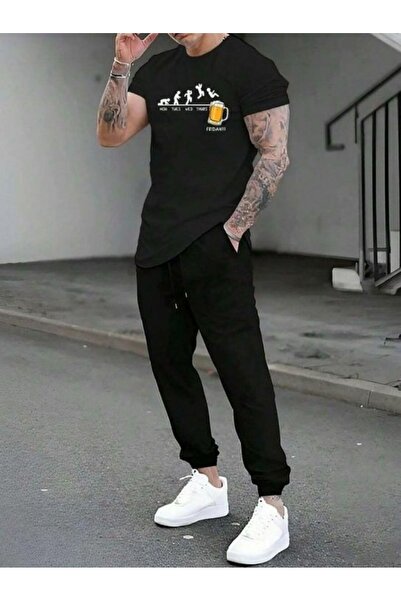 FİTGO Unisex Μαύρο Παντελόνι Φόρμας με Ριμπ Τελειώματα