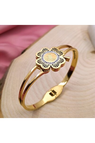 RAHSHINE 14k Altın Kaplama Tuğralı Çelik Kelepçe Bilezik | Kuyumcu Model Çelik Kelepçe Bilezik