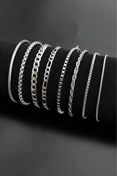 The Collection 8-Piece Chain Silver Color Men's Bracelet Set (SILVER COLOR BRACELET SET)
