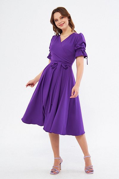 Bidoluelbise Purple Double Breasted Collar Gathered Short Sleeve Sleeves Elastic Belted Midi Length Dress