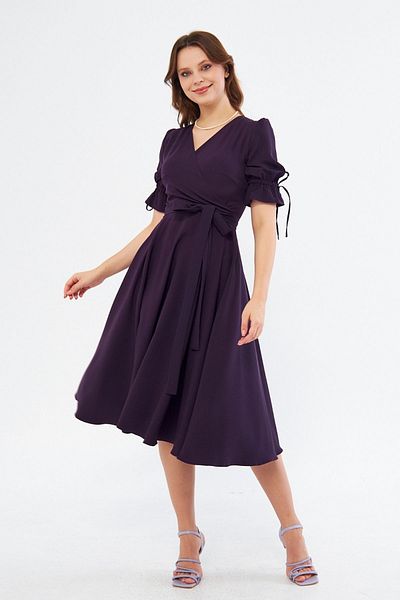 Bidoluelbise Plum Double Breasted Collar Gathered Short Sleeve Sleeves Elastic Belted Midi Length Dress