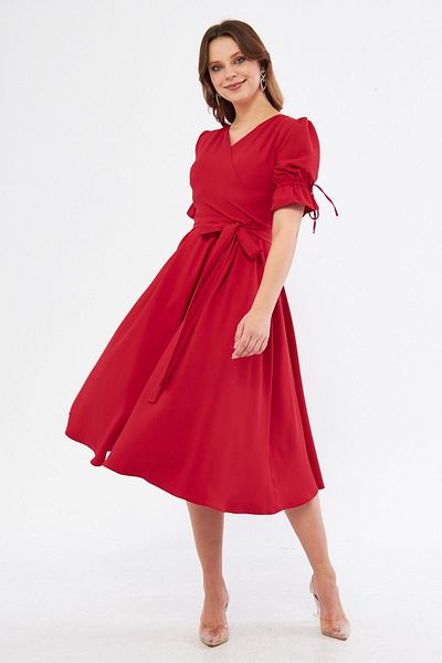 Bidoluelbise Red Double Breasted Collar Gathered Short Sleeve Sleeves Elastic Belted Midi Length Dress