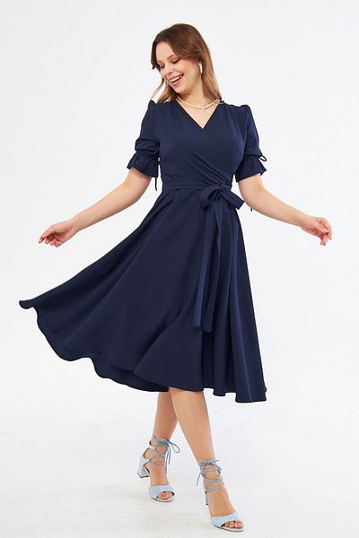 Bidoluelbise Navy Blue Double Breasted Collar Gathered Short Sleeve Sleeves Elastic Belted Midi Length Dress