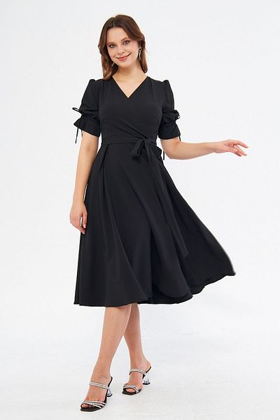 Bidoluelbise Black Double Breasted Collar Gathered Short Sleeve Sleeves Elastic Belted Midi Length Dress
