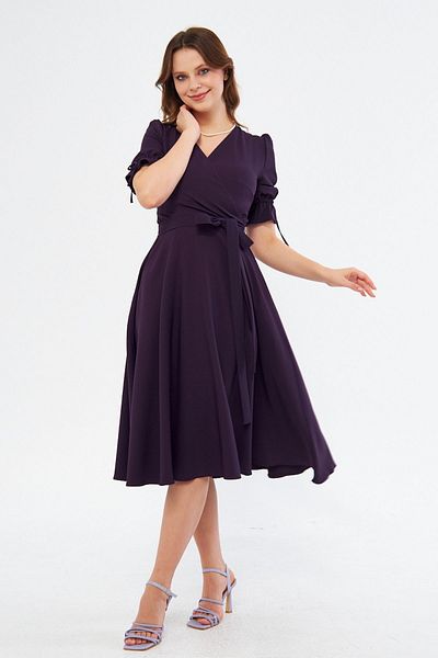 Bidoluelbise Plum Double Breasted Collar Gathered Short Sleeve Sleeves Elastic Belted Midi Length Dress