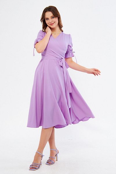 Bidoluelbise Lilac Double Breasted Collar Gathered Short Sleeve Sleeves Elastic Belted Midi Length Dress