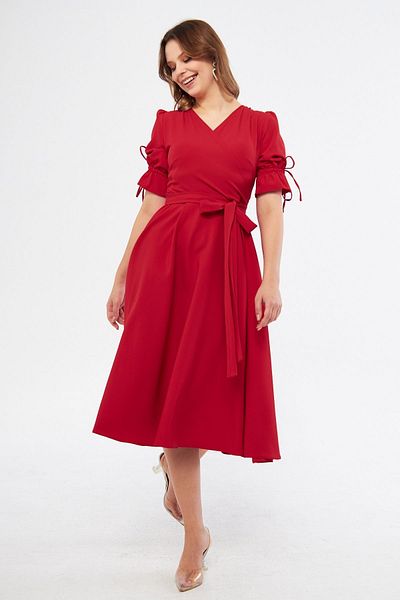 Bidoluelbise Red Double Breasted Collar Gathered Short Sleeve Sleeves Elastic Belted Midi Length Dress