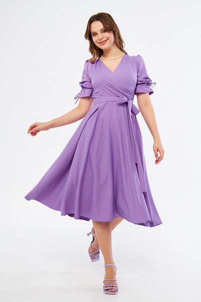 Bidoluelbise Lilac Double Breasted Collar Gathered Short Sleeve Sleeves Elastic Belted Midi Length Dress