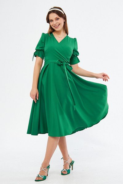 Bidoluelbise Grass Green Διπλό Γιακά Μίντι Φόρεμα με κοντό μανίκι και ελαστικό ζωνάκι