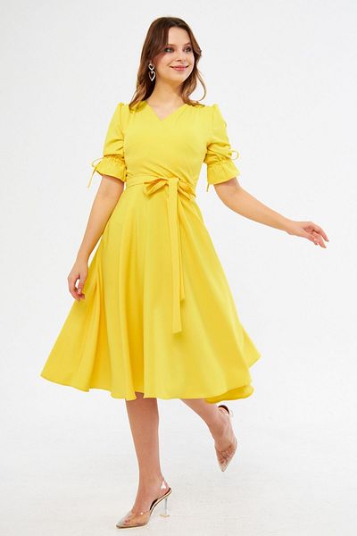 Bidoluelbise Yellow Double Breasted Collar Gathered Short Sleeve Sleeves Elastic Belted Midi Length Dress