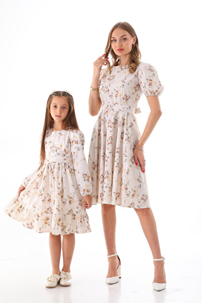 Moda Lippa Çiçek Desenli Kloş Kahverengi Anne Kız Çocuk Kombini (Tekli Fiyattır)