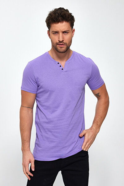 VERDONE V Yaka Düğme Detaylı Mor Erkek T-Shirt