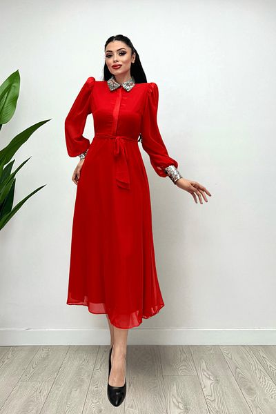 giyimmasalı Chiffon Fabric Sequin Detailed Midi Dress - RED