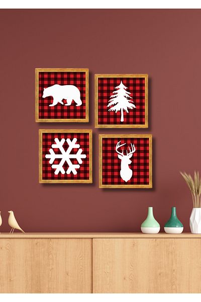 NT Handmade Set de pictură pentru decorațiuni de perete de Crăciun de Anul Nou cu aspect de cadru de 4 bucăți pentru sufragerie, dormitor, birou