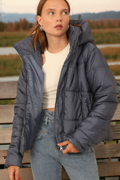 yagmurberen JESİCA KUMAŞ FERMUARLI KAPŞONLU RAHAT KALIP KADIN ŞİŞME MONT