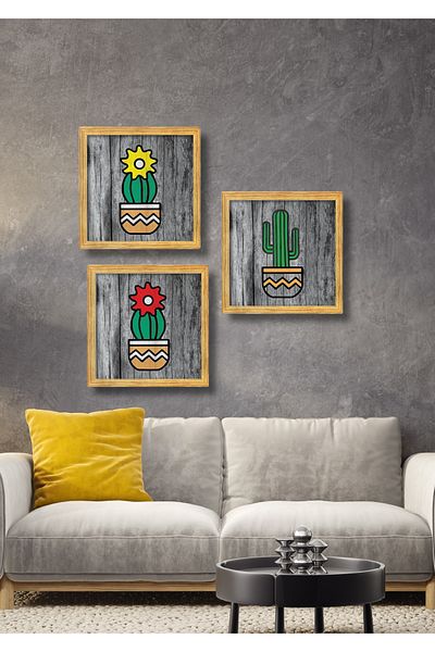 NT Handmade Set de pictură decorativă de perete cu cactus cu aspect de cadru din 3 piese pentru living, dormitor, bucătărie