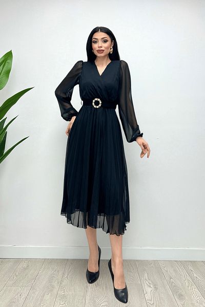 giyimmasalı Rochie plisata cu guler dublu din Tesatura Sifon - NEGRA