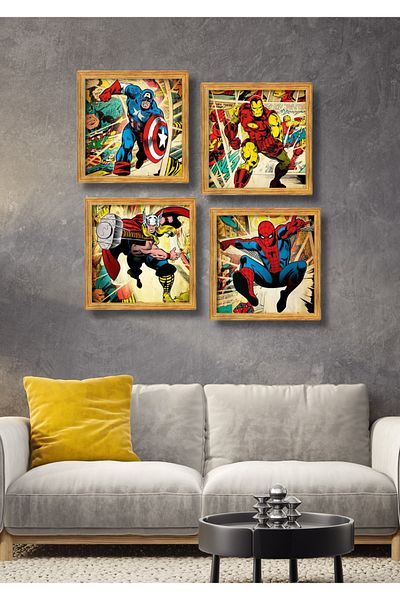 NT Handmade 4 bucăți cadru aspect super eroi decor de perete pictură pentru camera de zi dormitor copii