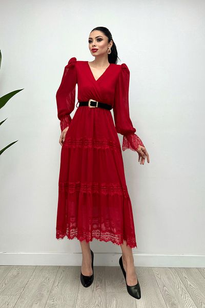 giyimmasalı Chiffon Fabric Lace Detailed Dress - RED