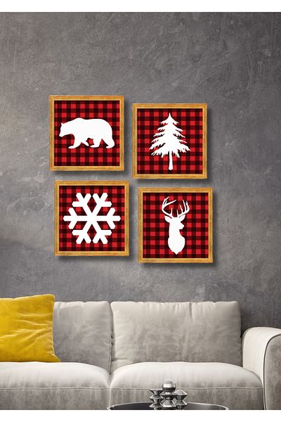 NT Handmade Set de pictură pentru decorațiuni de perete de Crăciun de Anul Nou cu aspect de cadru de 4 bucăți pentru sufragerie, dormitor, birou