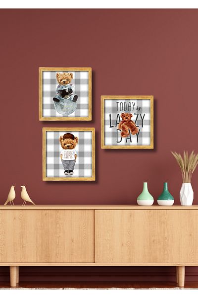 NT Handmade Set de pictură decorativă de perete cu ursuleț de pluș cu cadru de 3 piese pentru dormitor pentru copii