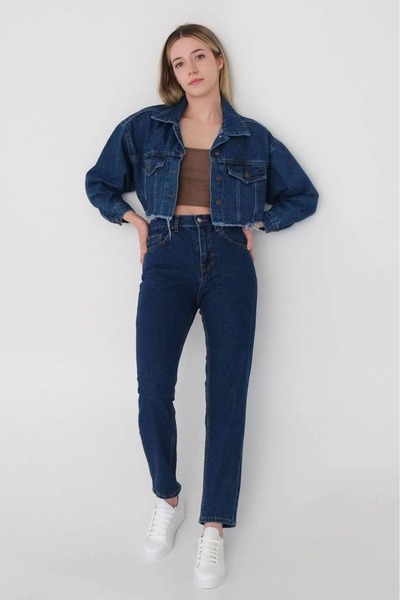 BROSERER DLNY Pantaloni din lycra albastru închis Mom Fit cu fermoar