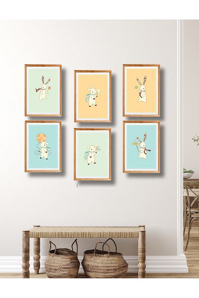 NT Handmade Wooden Frame Look 6 Piece Cute Rabbit Wall Decor Mdf Painting for Living Bed Children's Room
