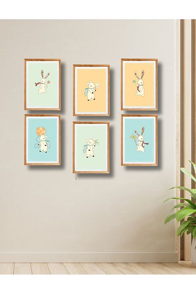 NT Handmade Wooden Frame Look 6 Piece Cute Rabbit Wall Decor Mdf Painting for Living Bed Children's Room