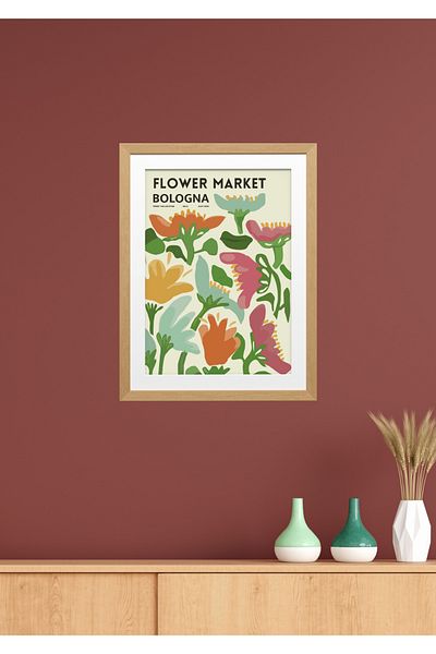 NT Handmade Decor de perete Flower Market cu aspect de cadru din lemn - Pictură 20x30 cm pentru living dormitor