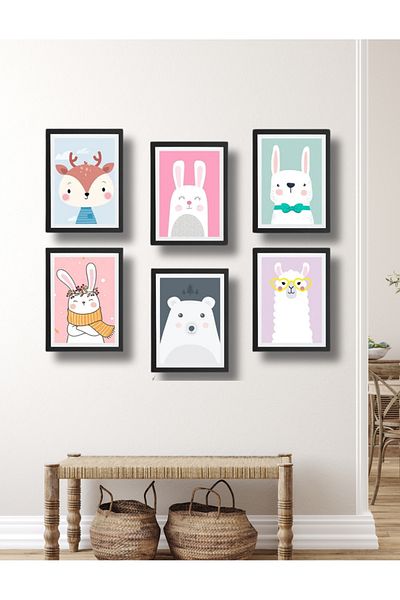 NT Handmade 6 bucăți de animale drăguțe cu aspect de cadru negru Decor de perete pictură pentru dormitor pentru copii
