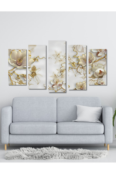 NT Handmade 5 Parça Ahşap Gold Beyaz Çiçek Duvar Dekoru Salon Oturma Yatak Od...