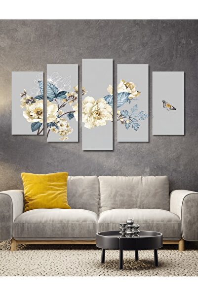 NT Handmade 5 Parça Ahşap Mavi Çiçek Kelebek Duvar Dekoru Salon Oturma Yatak ...