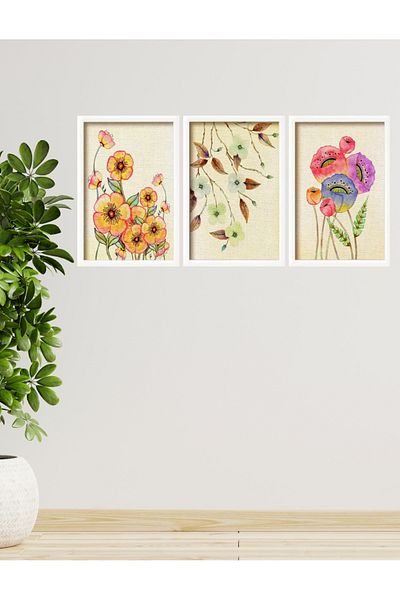 NT Handmade 3 Piese Flori Colorate cu Aspect Cadru Alb - Pictură 20x30 cm pentru Sufragerie Pat Dormitor Copii