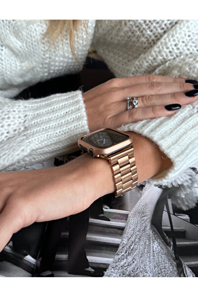 Bushco Store Apple Watch Uyumlu Rose Gold Çelik Bakla Kordon 42-44-45-49 Mm