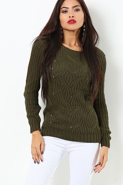 AVORWE Leaf Patterned Openwork Knitted Crew Neck Knitwear Sweater