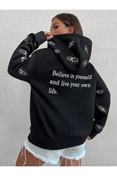 blausee wear Hanorac cu glugă pentru femei negre Eye cu imprimeu 3 Thread Ş c...