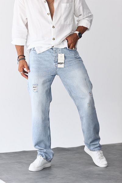 MADZEYMODA Ανδρικό φαρδύ τζιν με λεπτομέρεια Ice Blue Jean